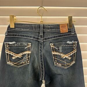 BKE Dark Blue Wash Bootcut Jeans with Embellished Back Pockets